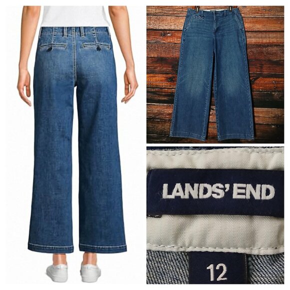Lands End Jeans Size 12 Wide Leg Blue Denim Slash Pockets - Picture 1 of 10